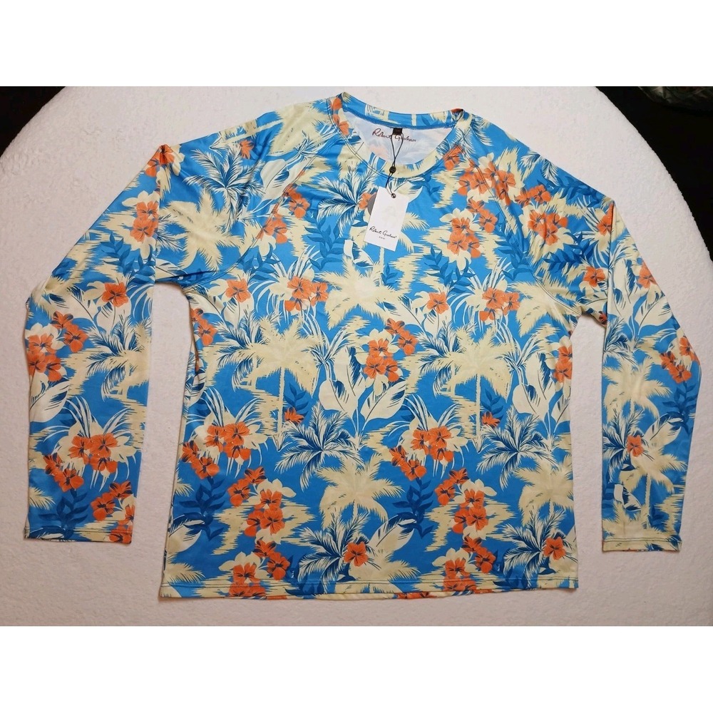 NWT Robert Graham Mens XXL Rash Guard Tropical Forest Azure Blue UPF 50+ SMRG114